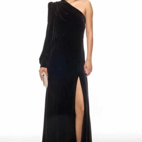Jewel Badgley Mischka Black One-Shoulder Puff Sleeve Velvet Gown - Picture 1 of 6